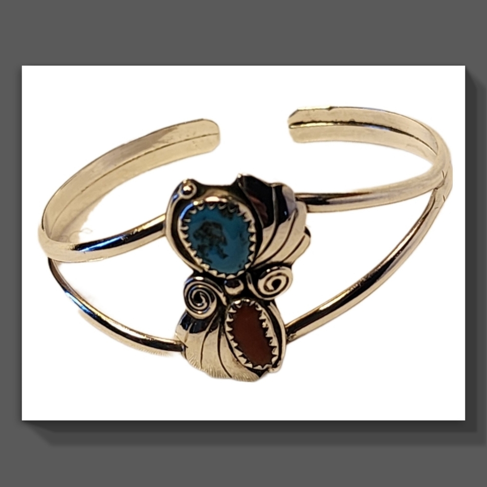 Sterling Silver Turquoise & Red Coral Vintage Cuff Bracelet